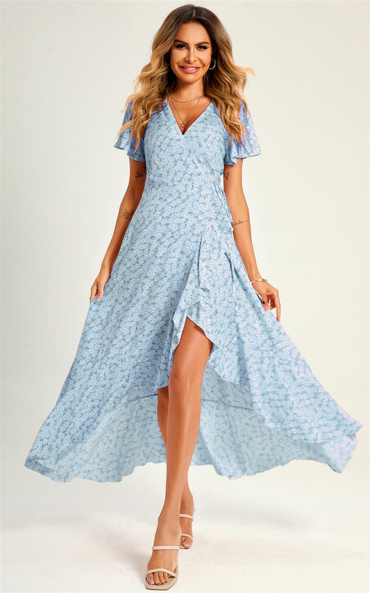 Summer Floral Print Hem Wrap Midi Dress In Blue