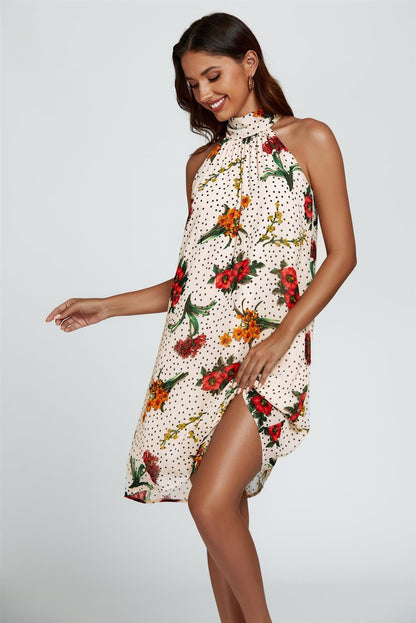 Floral Print Halter Neck Tie Back Mini Dress In Off White