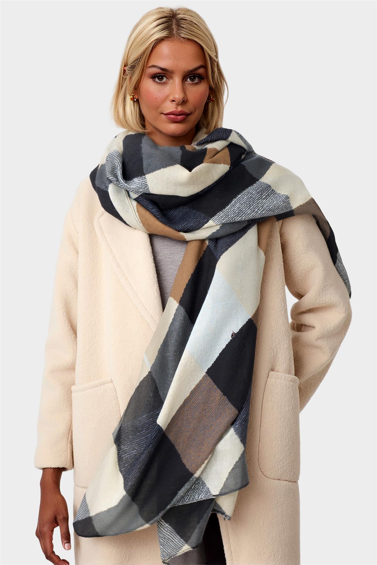 Geo Print Scarf In Brown & Black & Grey