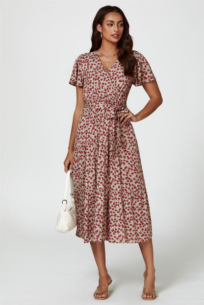 Pink Floral Print Wrap Midi Dress In Beige