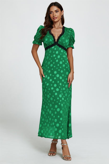 Polka Dot Jacquard Lace Trim Midi Dress In Green