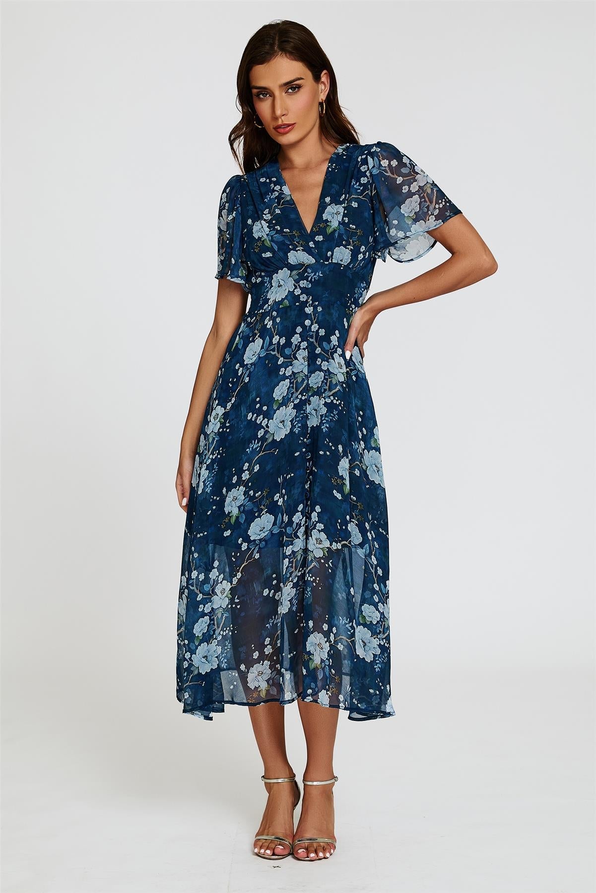 Floral Print Midi V neckline Dress In Navy