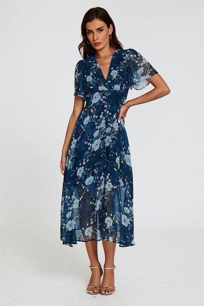 Floral Print Midi V neckline Dress In Navy