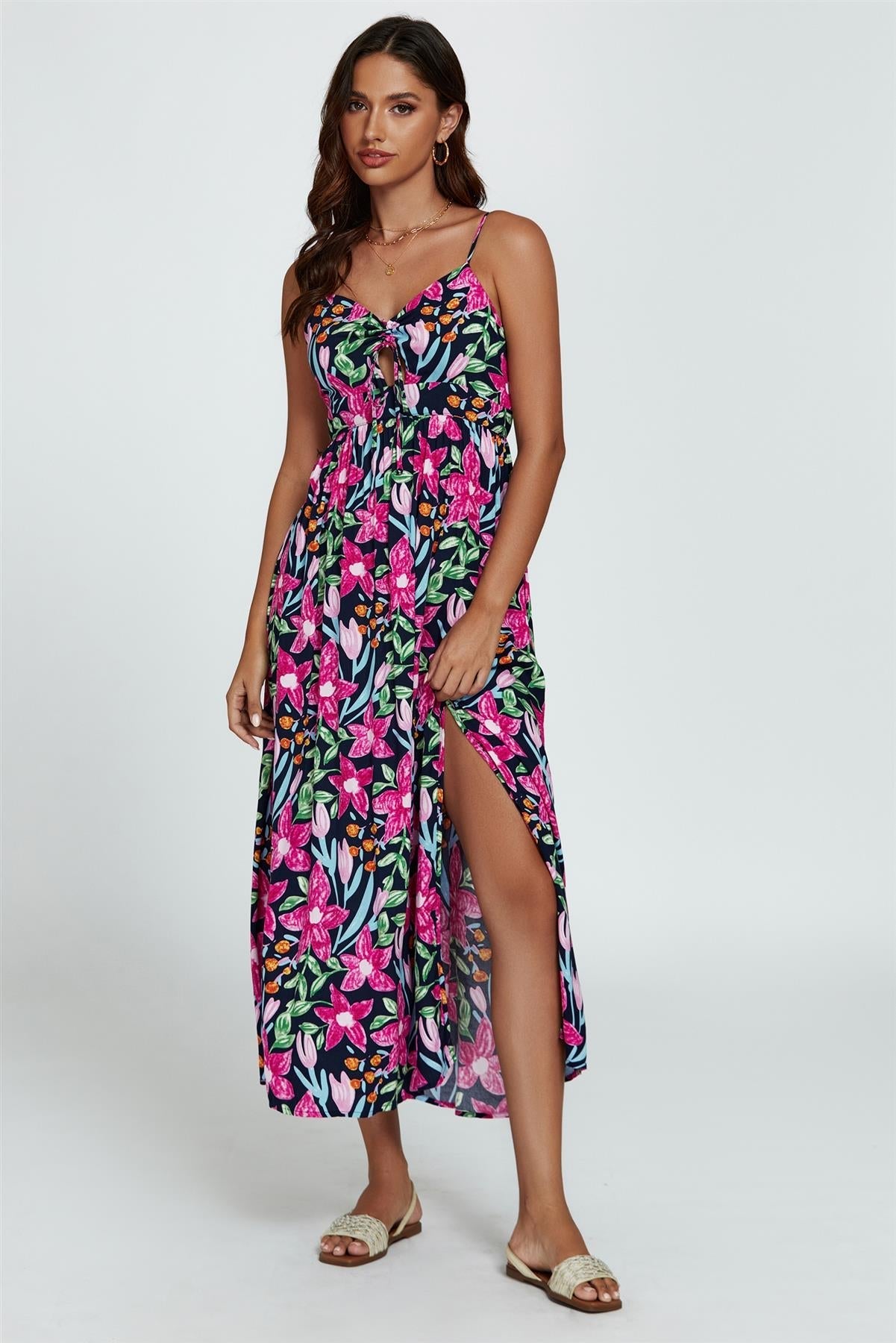 Maxi-Kleid mit Blumendruck & Bindeband vorne in Schwarz