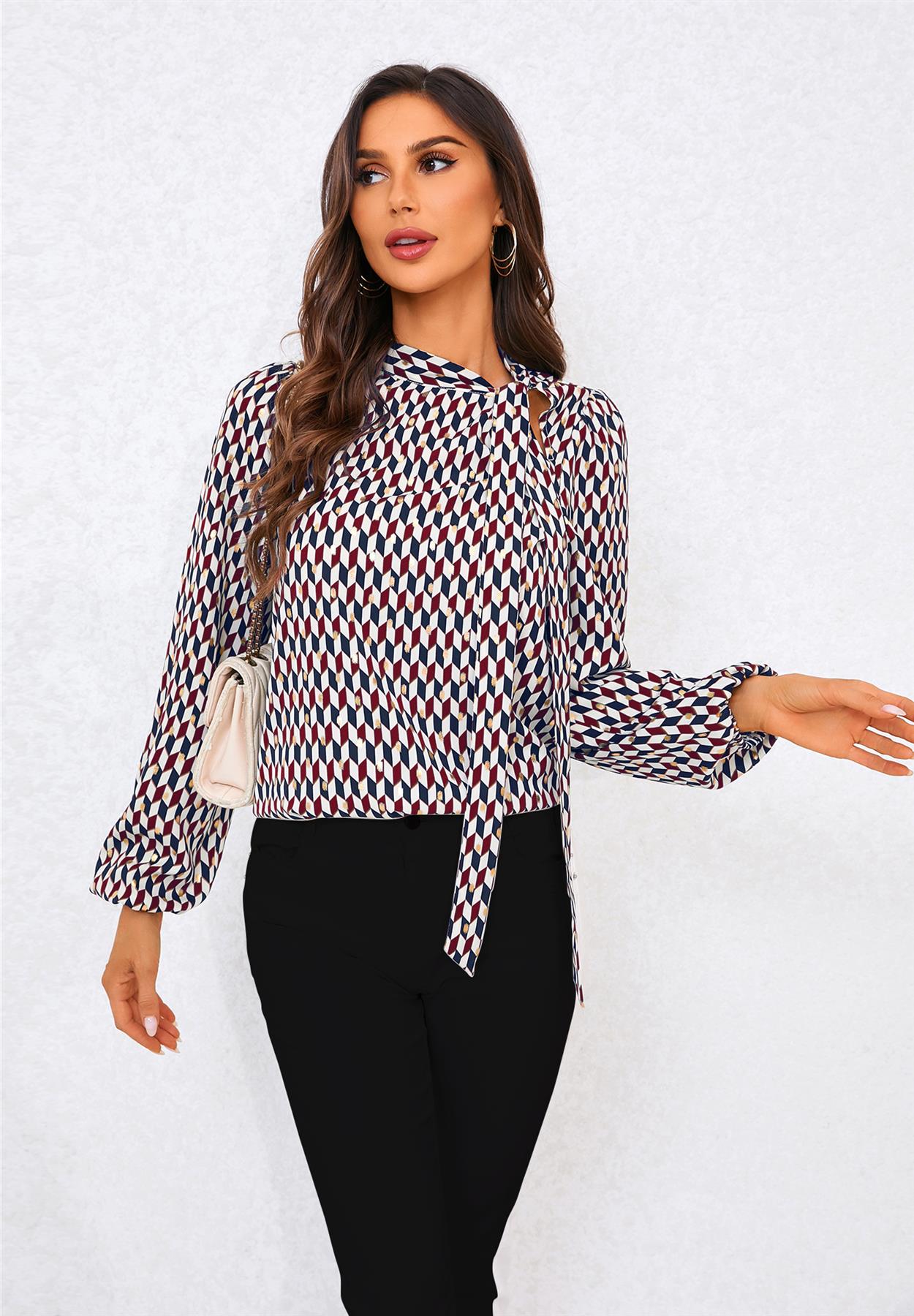 Geo Print Side Tie Blouse Top In Wine
