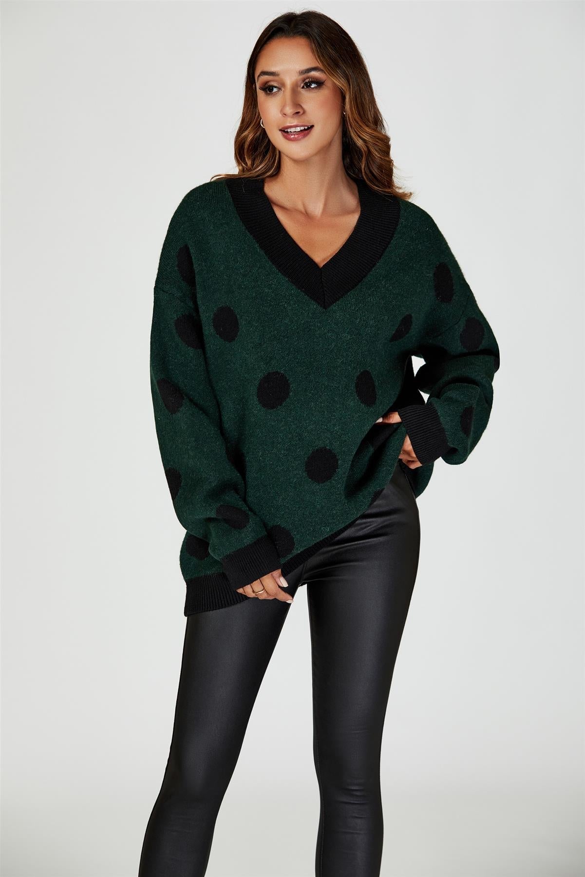 Wool Blended V Neck Jumper In Green & Black Polka Dot