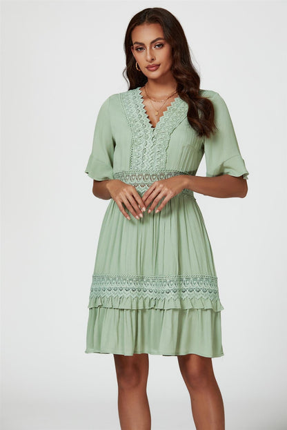 V Neck Lace Mini Dress In Green