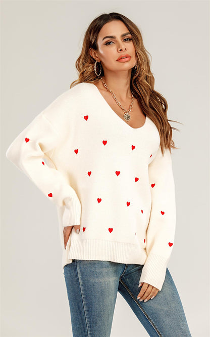 Embroidery Red Heart V Neck Jumper In Cream