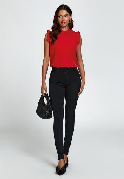 Frill Trim Sleeve Frill Neck Blouse Top In Red