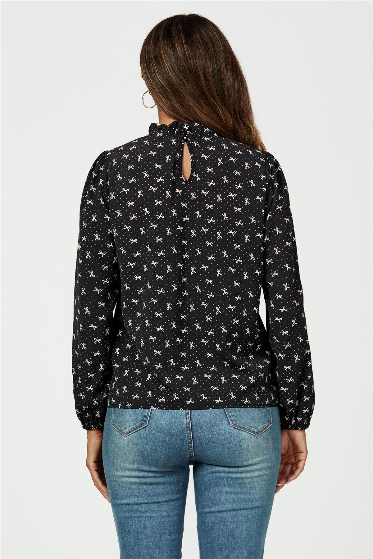 Bow Print Frill Detail High Neck Top In Black