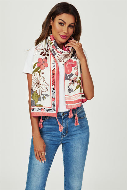 Tropical Floral Print Tassel Scarf In Pink