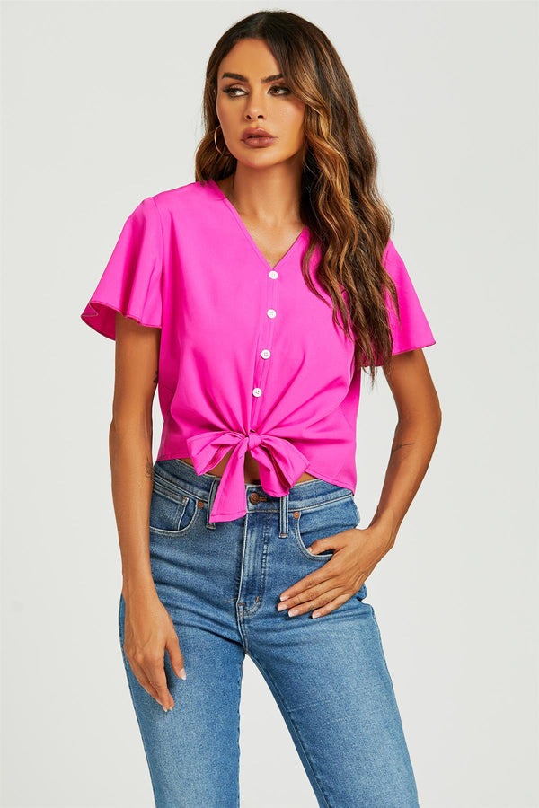 Crop-Top mit Knotendetail & Knöpfen in Fuchsia-Pink