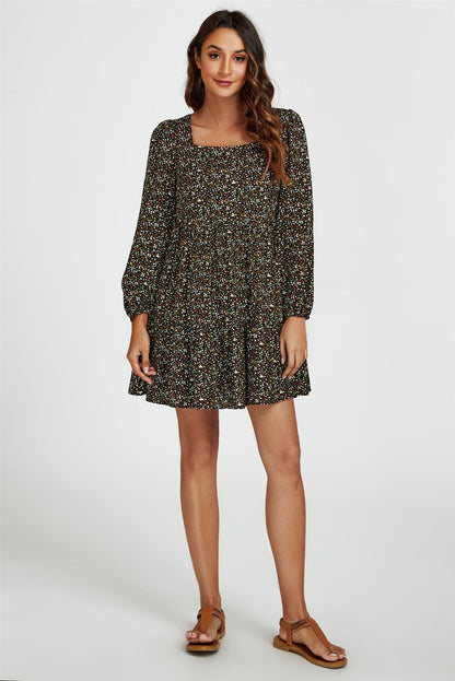 Little Floral Print Square Neck Mini Dress In Black