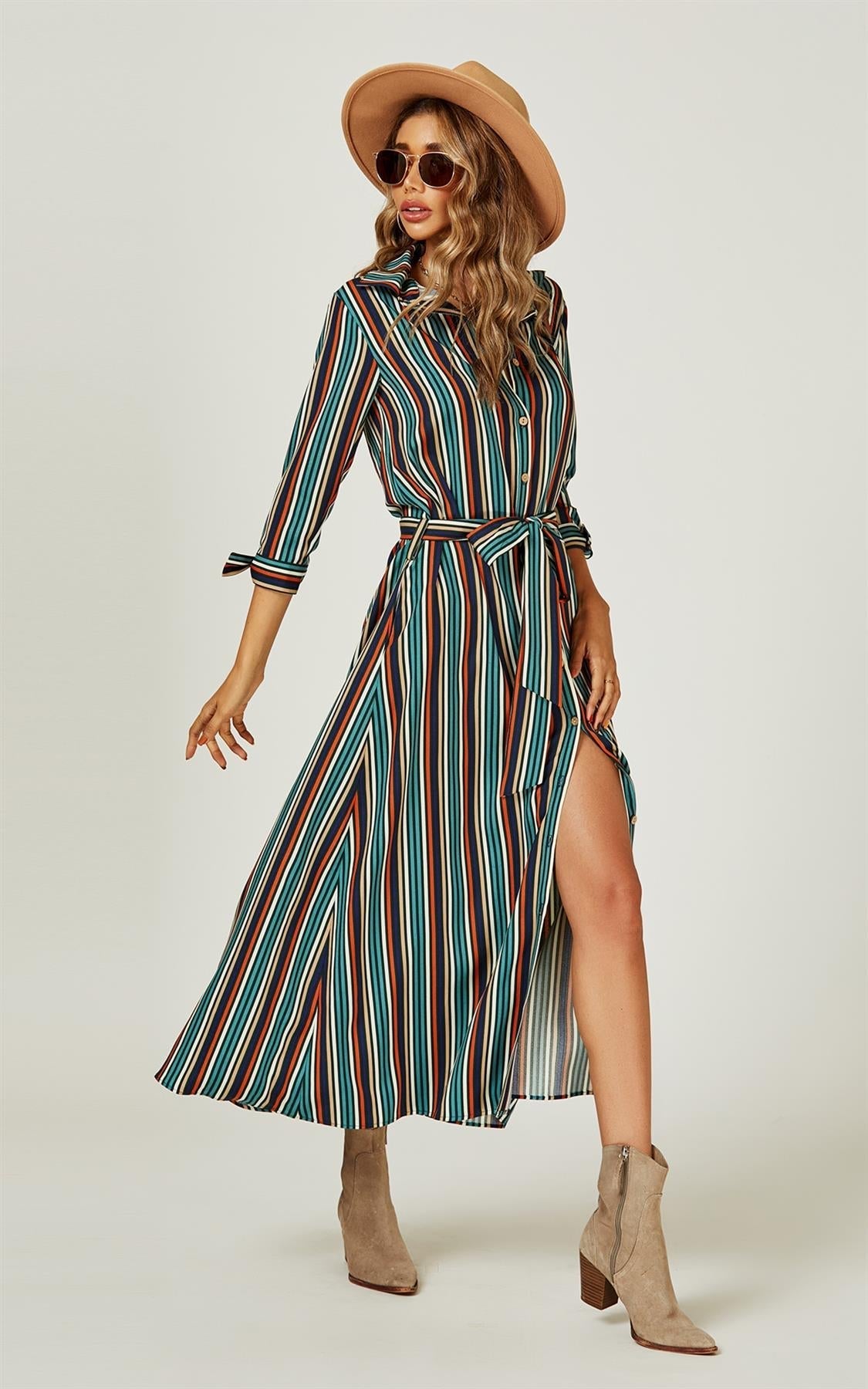 Stripe Print Maxi Shirt Dress In Navy