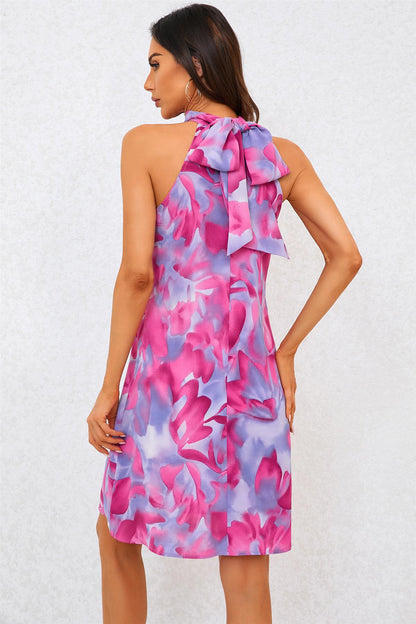 Abstract Floral Print Halter Neck Tie Back Mini Dress In Pink
