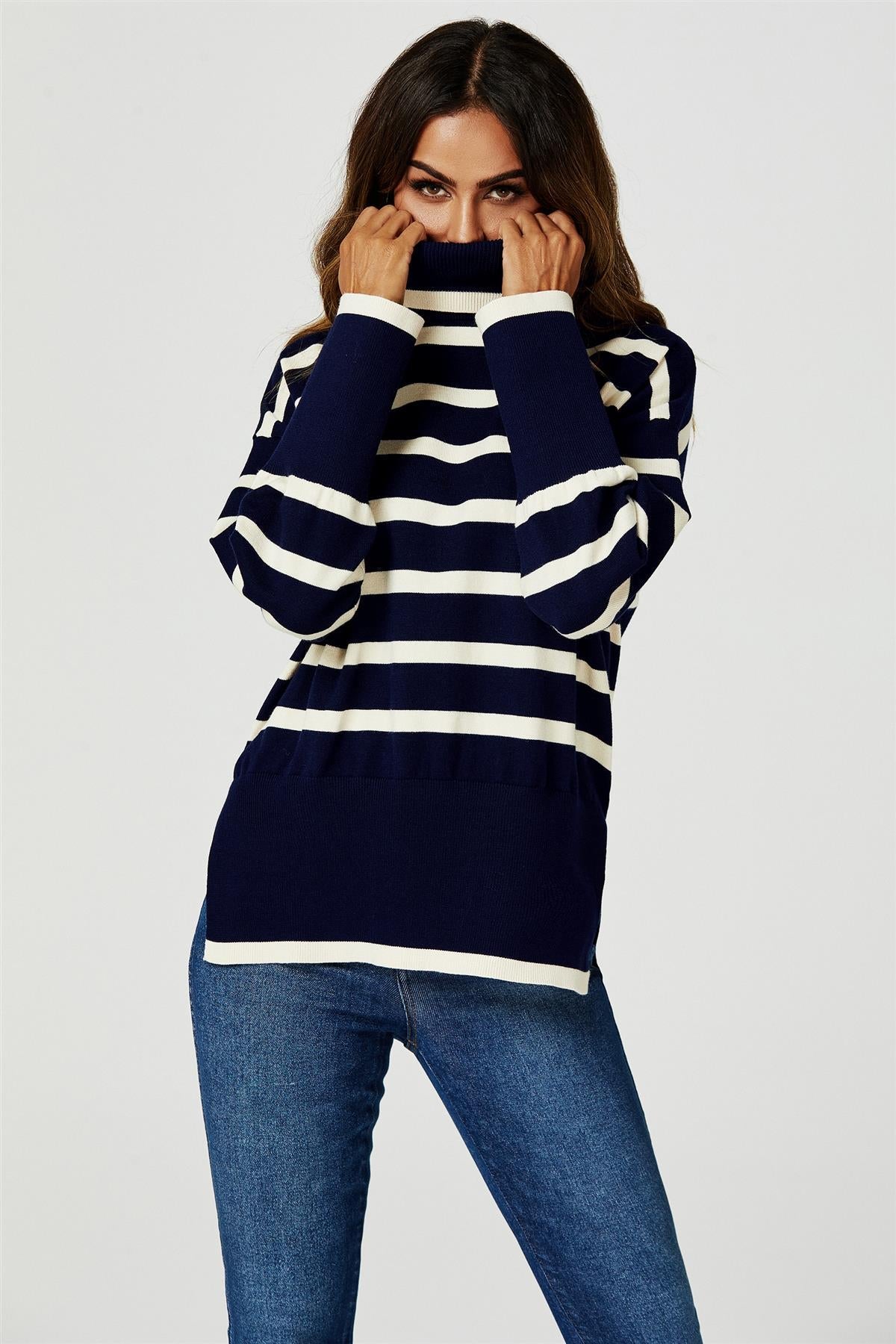 Stripes Pattern Turtleneck Jumper Top In Navy