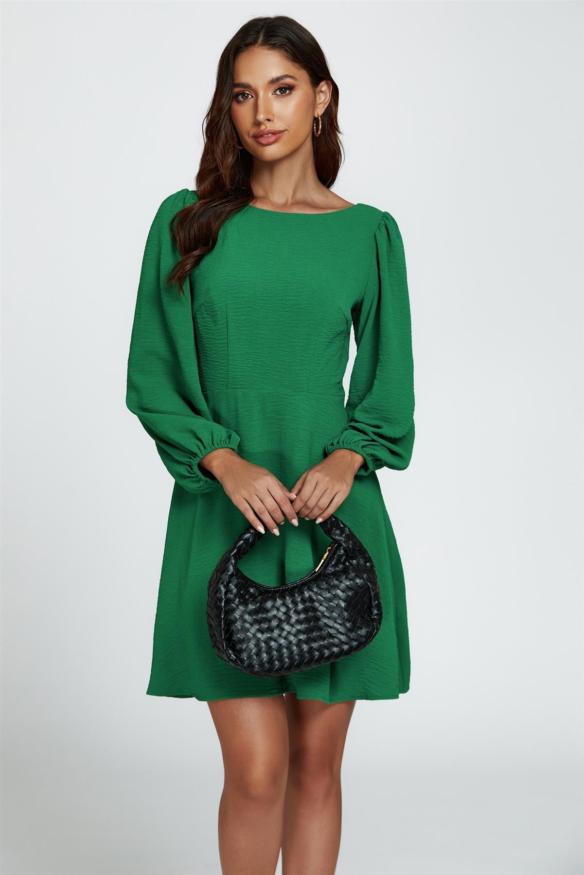 Back V Neck Mini Dress In Green