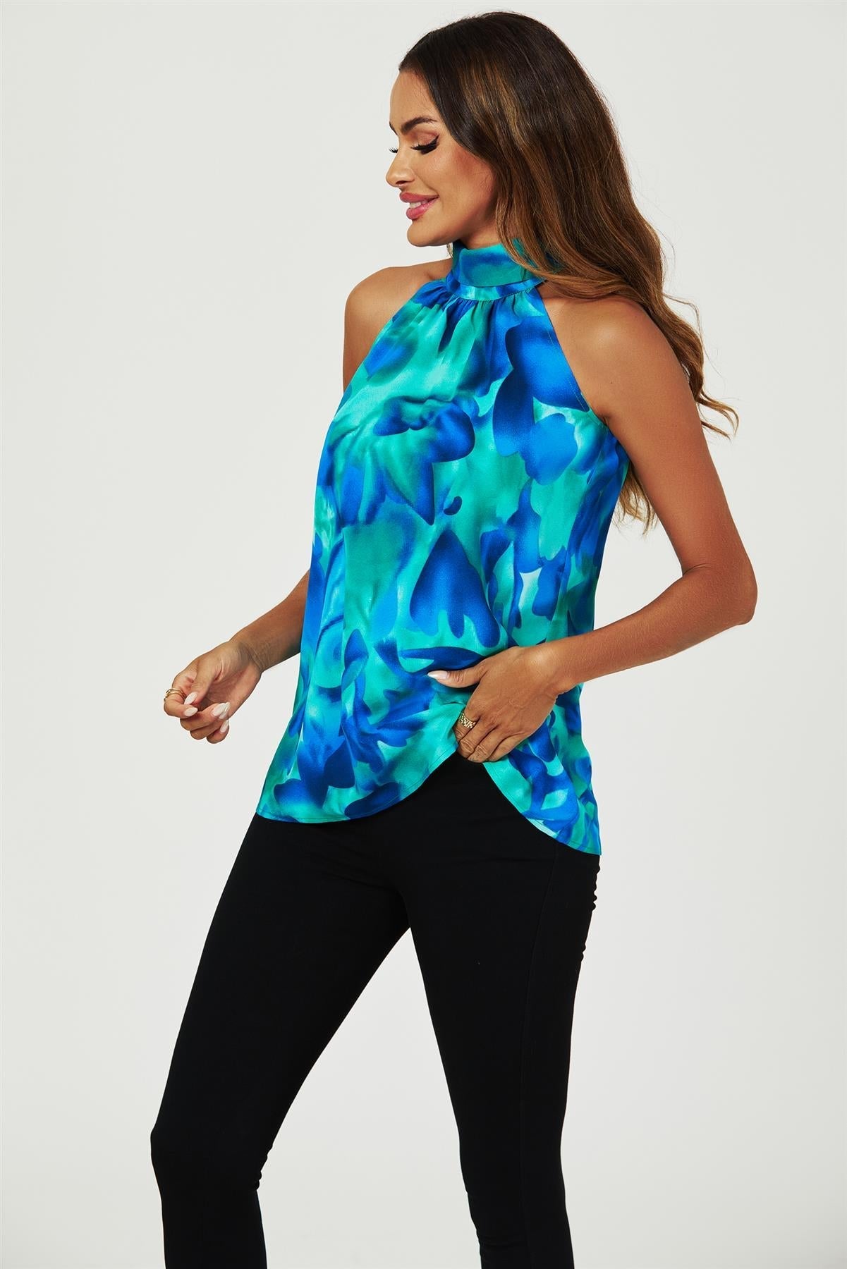 Abstract Floral Print Halter Neck Tie Back Top In Blue