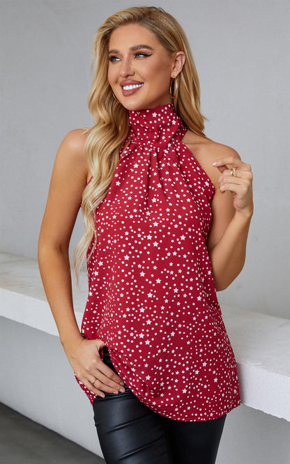 White Star Print Halter Neck Tie Back Top In Red