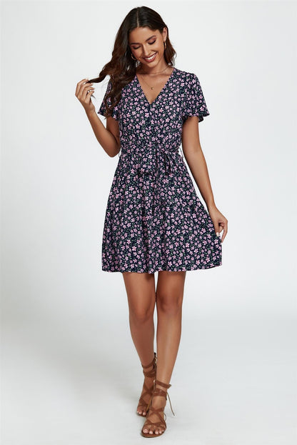 Floral Print Hem Tiered Wrap Mini Dress In Navy