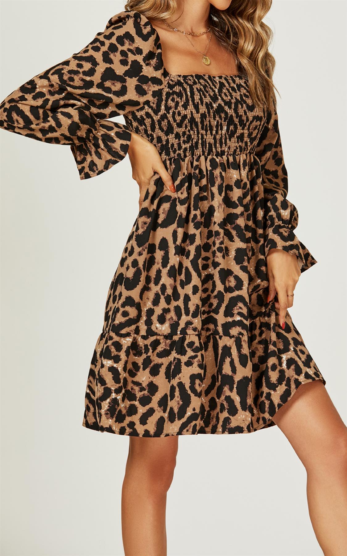 Square Neck Puff Sleeve Mini Dress In Leopard Print