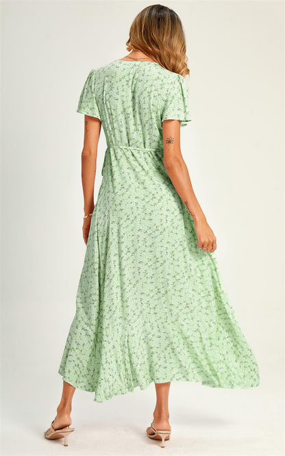 Summer Floral Print Hem Wrap Midi Dress In Mint Green