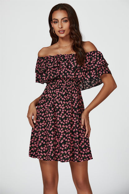 Floral Print Bardot Frill Mini Dress In Black