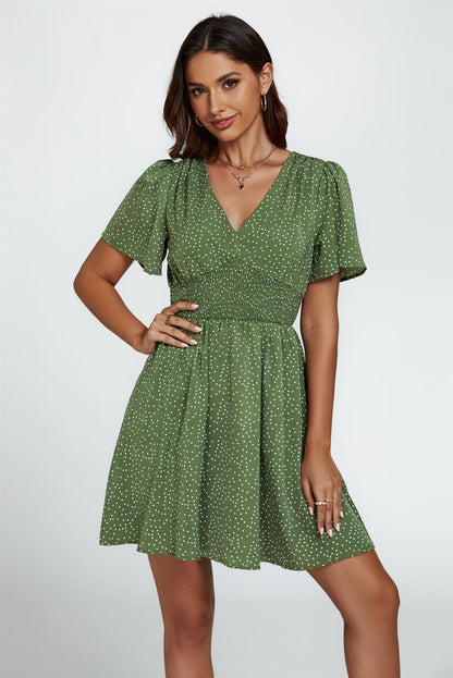 Dot Print Short Sleeve Mini Dress In Green