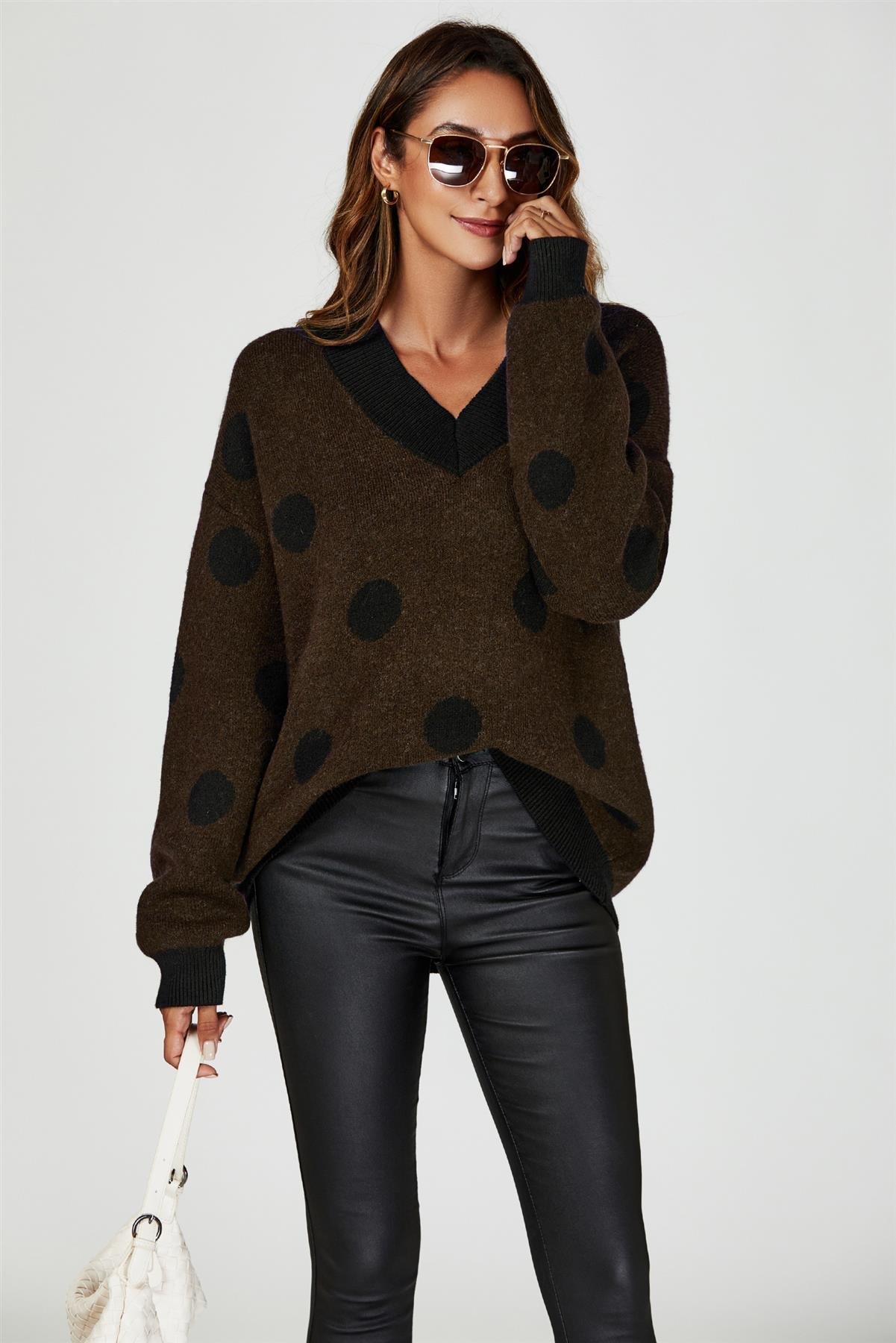 Wool Blended V Neck Jumper In Brown& Black Polka Dot