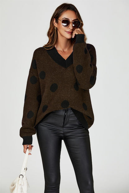 Wool Blended V Neck Jumper In Brown& Black Polka Dot