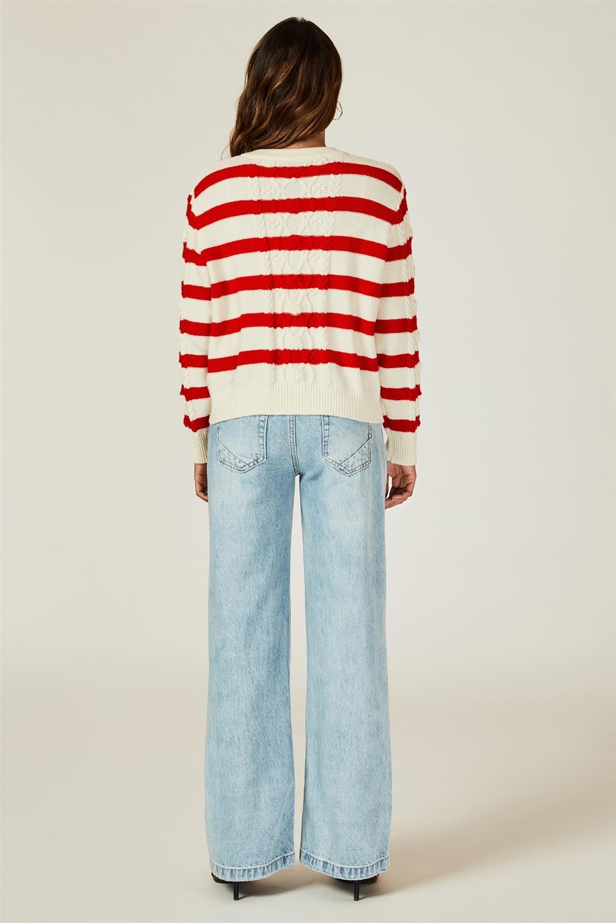 Stripe Pattern Knitted Cardigan In Red