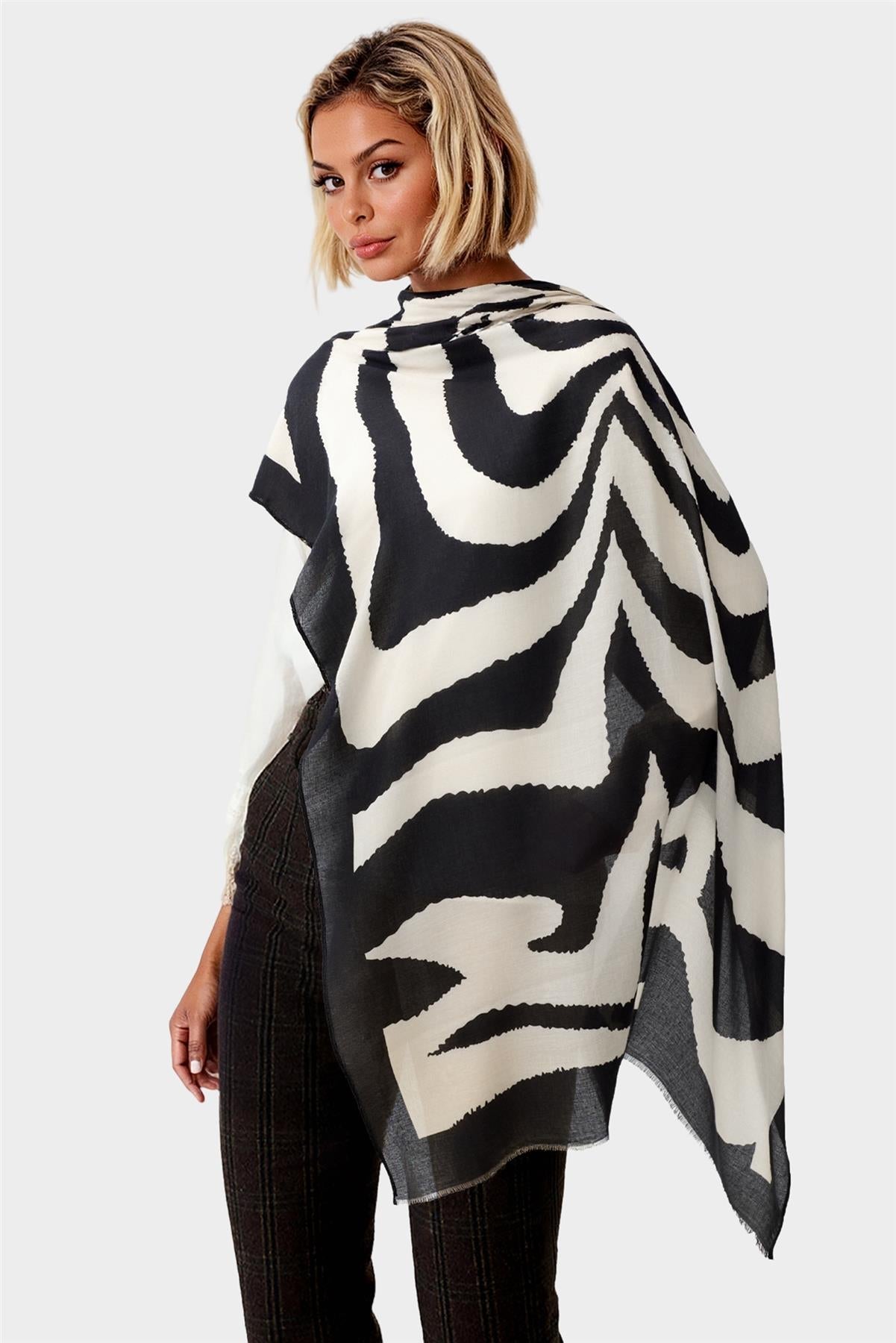 Black Abstract Print Fringed edges Scarf In Beige