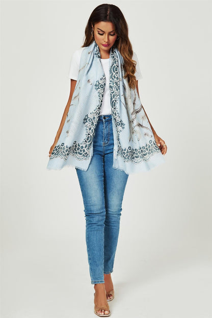 Geometric & Feather & Lace Print Scarf In Blue