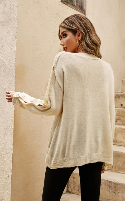 Button Detail Comfy Jumper Top In Beige
