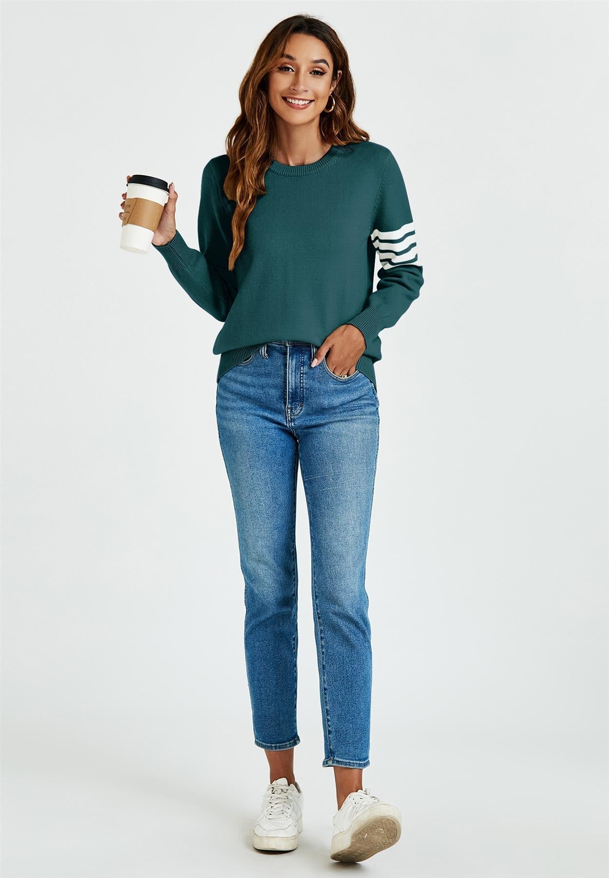 Stripe Pattern Jumper Top In Dark Green