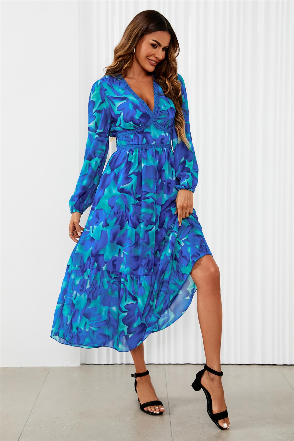 Floral Print Long Sleeve Maxi Dress In Blue