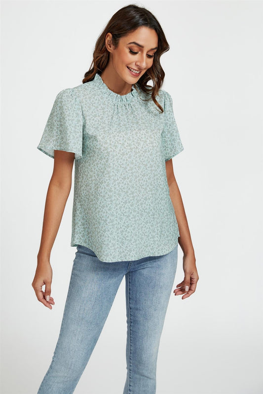 Grey Little Floral Print Angle Sleeve High Neck Top/Blouse In Blue