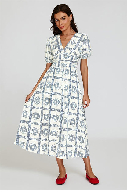 Geo Print Midi V neckline Dress In White