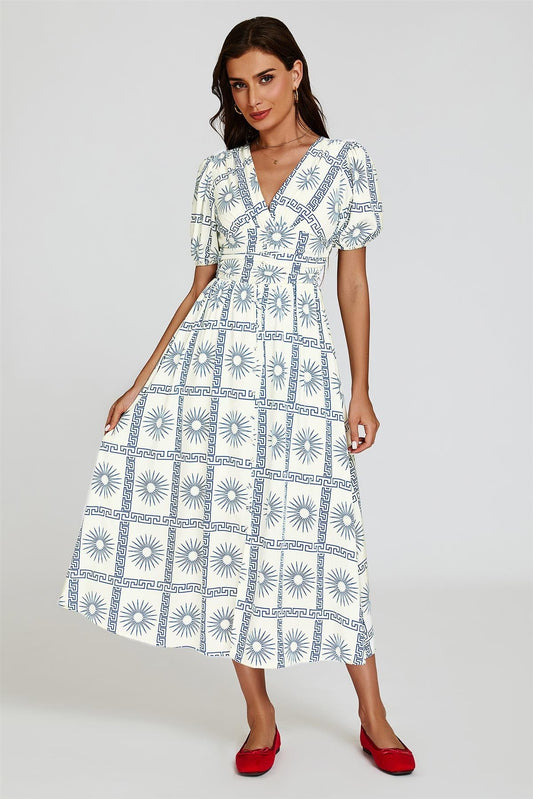 Geo Print Midi V neckline Dress In White
