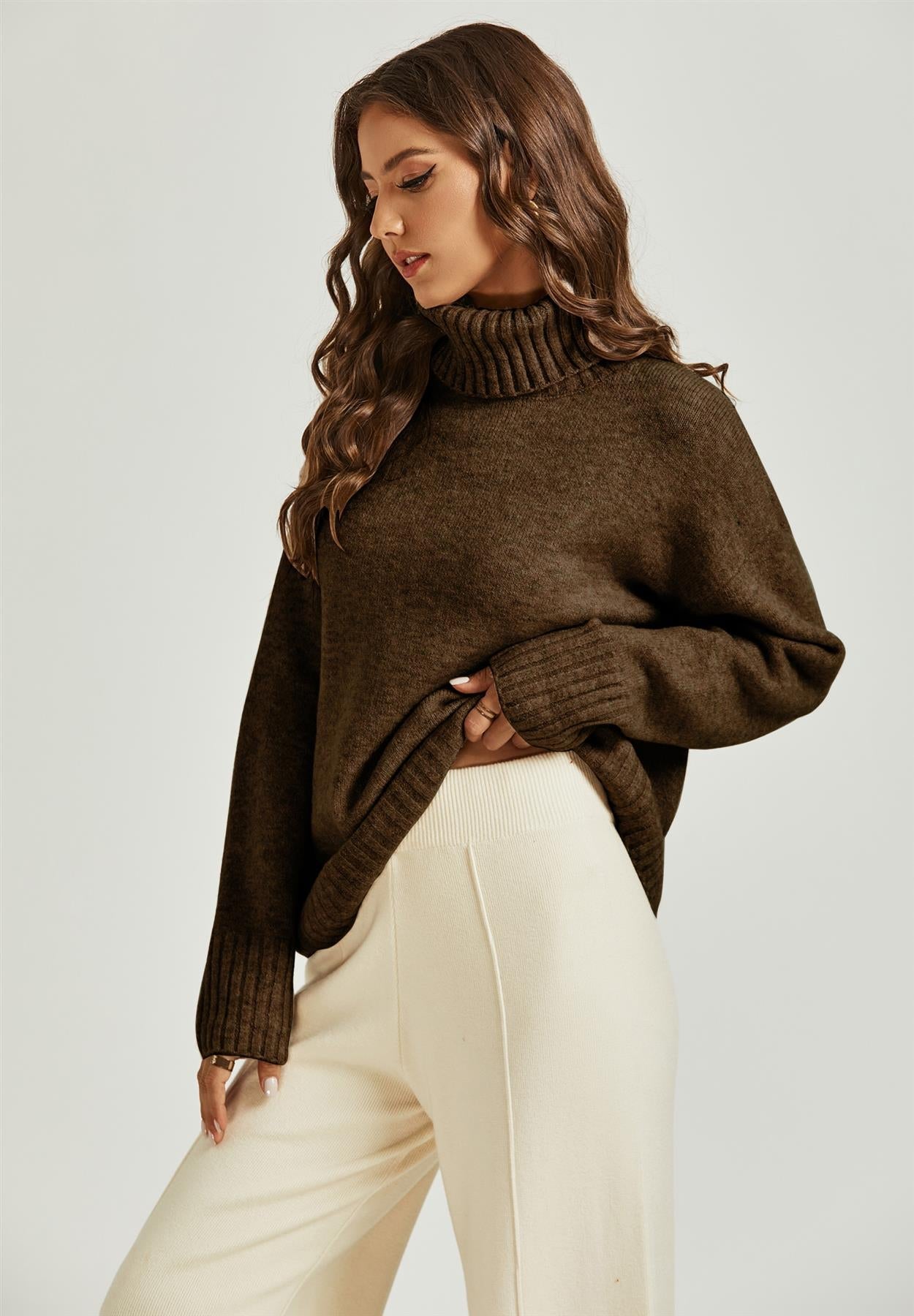 Strickpullover mit Stehkragen in Braun