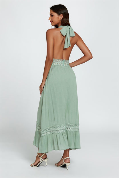 Lace Detail Adjustable Deep V Neckline Maxi Dress In Green