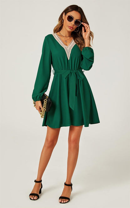 Lace Trim V Neck Mini Dress In Green