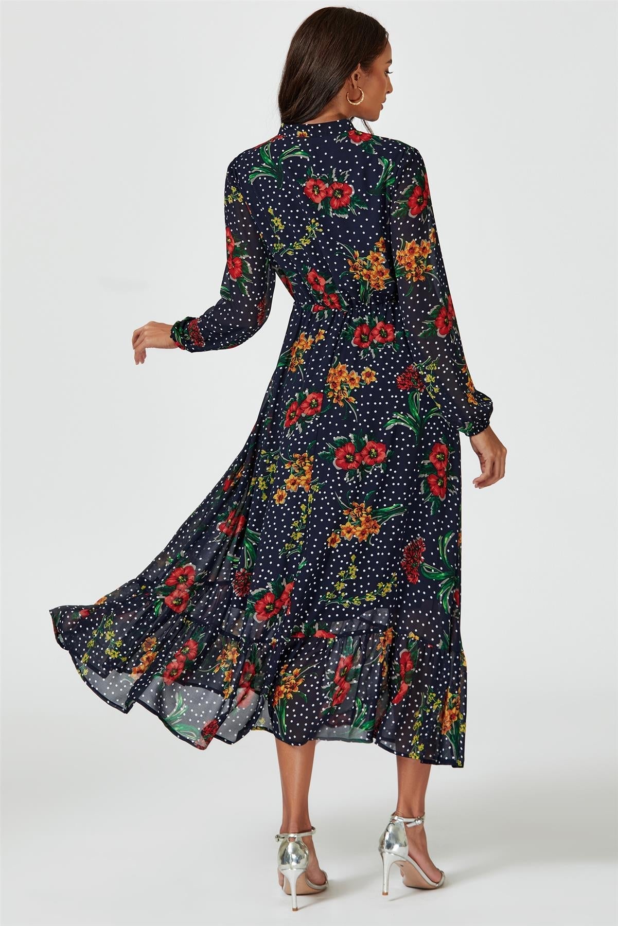Floral Dot Print Maxi Dress In Navy