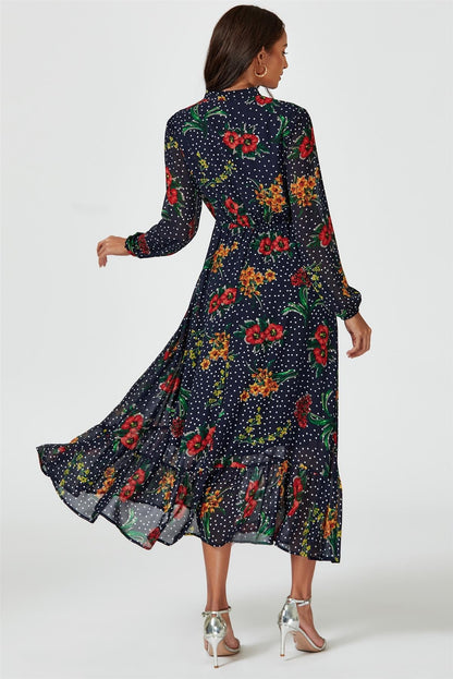 Floral Dot Print Maxi Dress In Navy