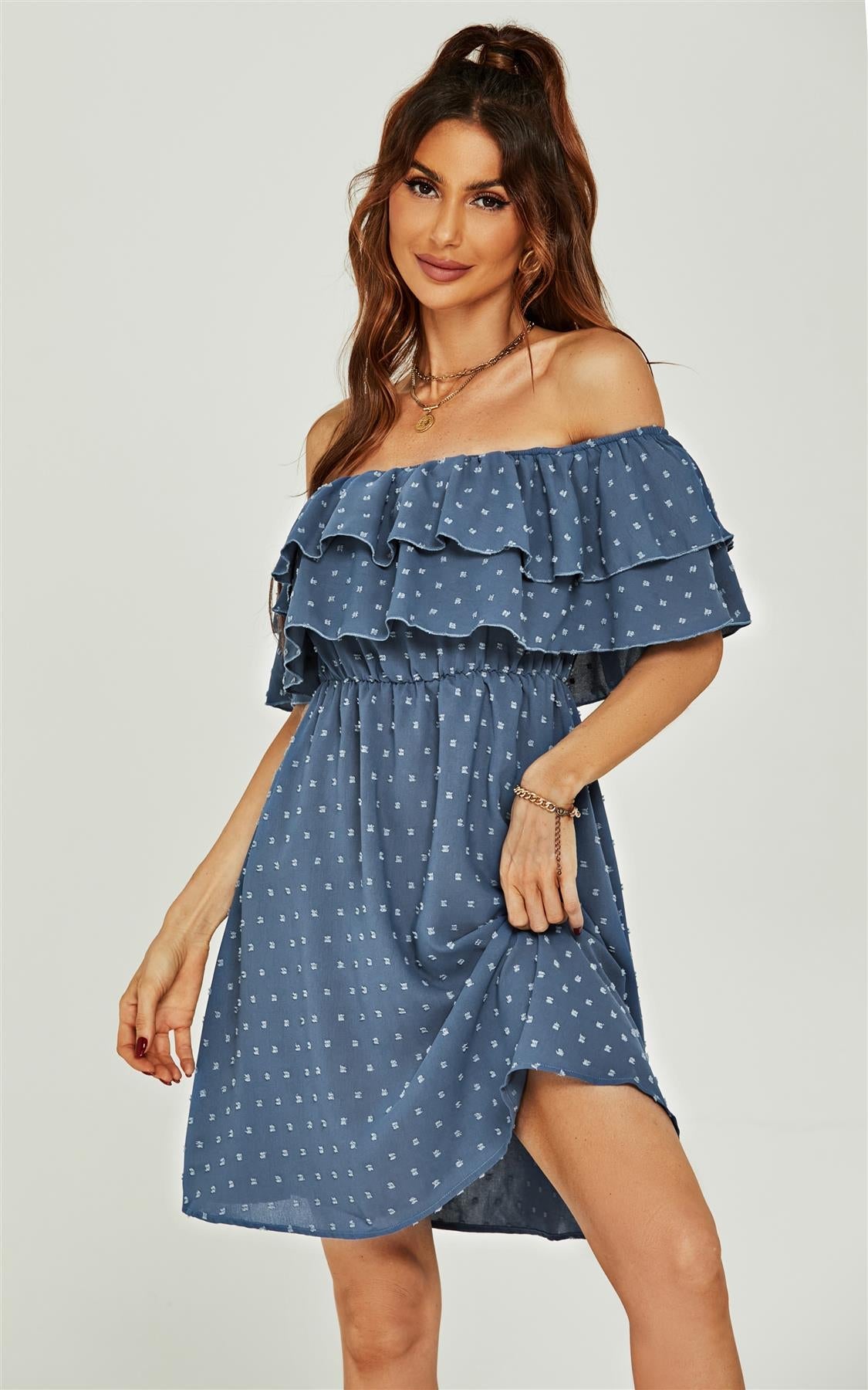 Bardot Frill Mini Dress In Blue