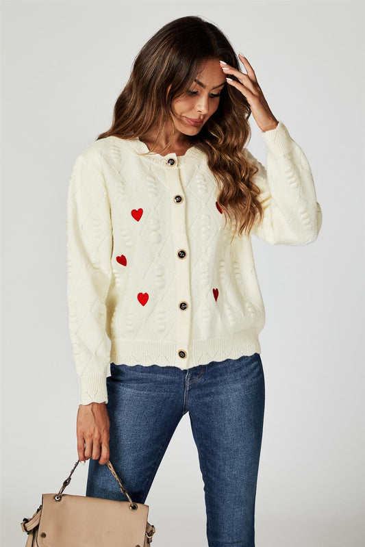 Heart Embroidered Knitted Cardigan In Cream