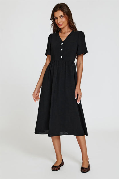 Button Front Midi Dress In Black