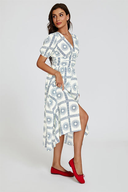 Geo Print Midi V neckline Dress In White
