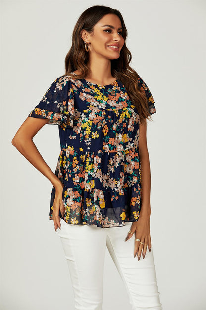 Bluse mit Blumensaum, Smok & Engelärmeln in Navy