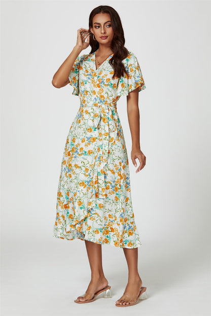 Floral Print Angel Sleeve Wrap Midi Dress In Yellow